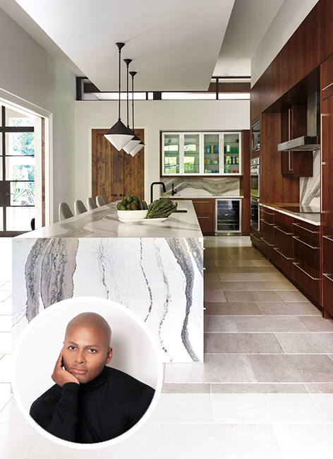 Michel Smith Boyd's headshot with background image of a kitchen with Michel's designs.